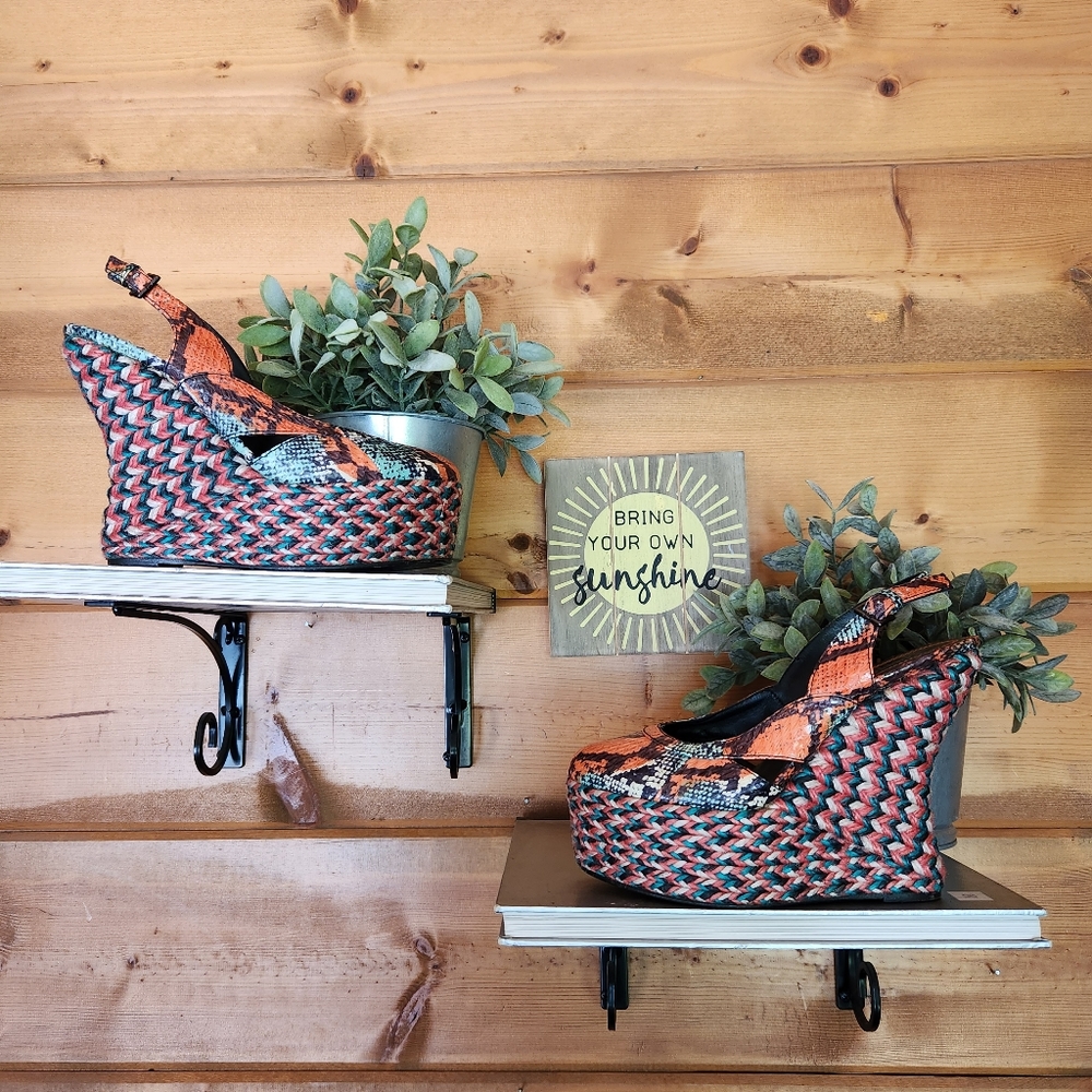 Edmundo Castillo 💜 Rosalin Jute Wedges Espadrille Snake Leather Slingback 7 /37